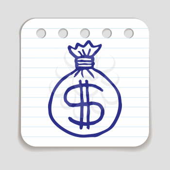 Doodle Money Bag icon. Blue pen hand drawn infographic symbol on a notepaper piece. Line art style graphic design element. Web button with shadow. Money, spendings, currency, financial concept. 