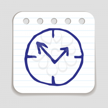 Doodle Clock icon. Blue pen hand drawn infographic symbol on a notepaper piece. Line art style graphic design element. Web button with shadow. Being on time, good timing, countdown, deadline concept. 
