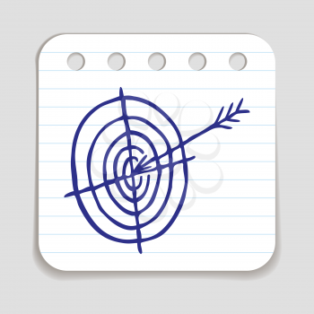 Doodle Arrow Hitting a Target icon. Blue pen hand drawn infographic symbol on a notepaper piece. Line art style graphic design element. Web button with shadow. Goal, achievement, precise hit concept.