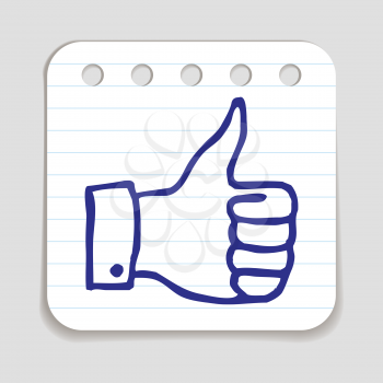 Doodle Thumbs Up icon. Blue pen hand drawn infographic symbol on a piece of notepaper. Line art style graphic design element. Web button with shadow. Approval, vote, love, favorite gesture concept. 