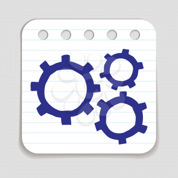 Doodle Gears icon. Blue pen hand drawn infographic symbol on a notepaper piece. Line art style graphic design element. Web button with shadow. Working smoothly, teamwork, industry, motion concept. 