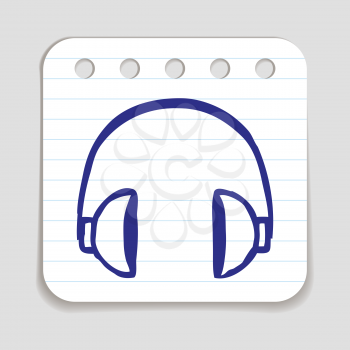 Doodle Headphones icon. Blue pen hand drawn infographic symbol on a notepaper piece. Line art style graphic design element. Web button with shadow. Listening to music, DJ work concept. 