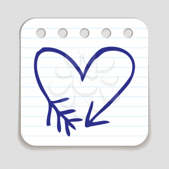 Doodle Arrow Heart icon. Blue pen hand drawn infographic symbol on a notepaper piece. Line art style graphic design element. Web button with shadow. Love, wedding, feelings, cupid concept. 