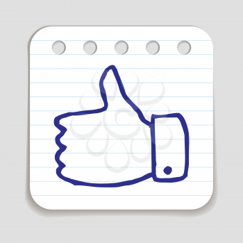 Doodle Thumbs Up icon. Blue pen hand drawn infographic symbol on a piece of notepaper. Line art style graphic design element. Web button with shadow. Approval, vote, love, favorite gesture concept. 