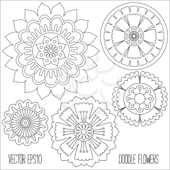 Doodle flowers set. Hand drawn isolated graphic elements. Boho and ethnic style mandala. Decorative art for birthday cards, wedding and baby shower invitations, scrapbooking etc. Vector illustration.