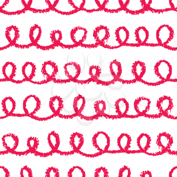 Seamless loops pattern. Hand painted with oil pastel crayons. White stripes on red background. Design element for printables, wallpaper, baby shower invitation, birthday card, scrapbooking etc.