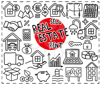 Real Estate set. Freehand doodle icons. Graphic elements -  and more. Vector illustration