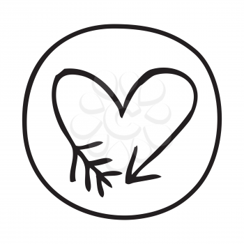 Doodle Arrow Heart icon. Infographic symbol in a circle. Line art style graphic design element. Web button. Love, wedding, feelings, cupid concept. 