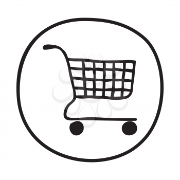 Doodle Shopping Cart icon. Infographic symbol in a circle. Line art style graphic design element. Web button. Groceries, sales, supermarket concept.