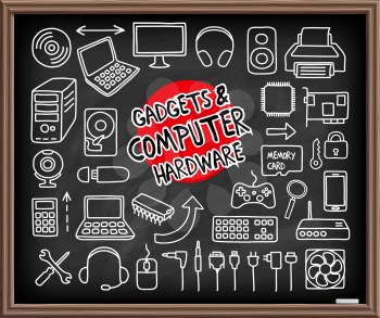 Doodle Gadgets and Computer Hardware icons set. Freehand drawn graphic elements.