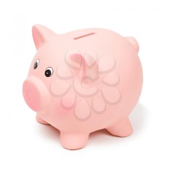 Pink ceramic piggy bank, isolated on white. 