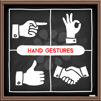 Doodle gestures icons set. Chalkboard effect. Thumbs up, shake hands, ok sign, pointing finger. Hand drawn infographic symbols. Line art style graphic design elements.