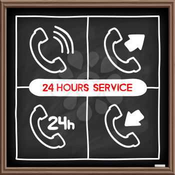 Doodle telephone icons set. Chalkboard effect. Client service, 24 hours awailable concept. Hand drawn infographic symbol. Line art style graphic design elements.