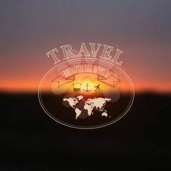 Travel label on blurred sunset background, hipster style. Vector illustration.