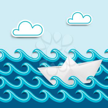 Paper boat on paper waves, nautical cartoon scenery. Vector illustration.