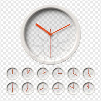 Realistic Wall Clocks set. Transparent face. One clock for every hour. Red hands. Ready to apply. Graphic element for documents, templates, posters, flyers. Vector illustration
