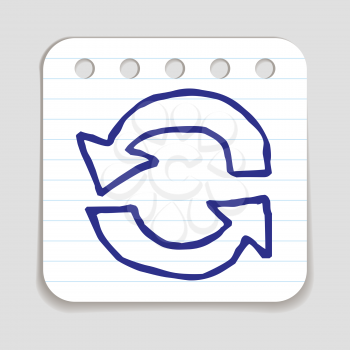 Doodle Recycle Arrows icon. Blue pen hand drawn infographic symbol on a notepaper piece. Line art style graphic design element. Web button with shadow. Loading, reload, pre-loader, ecology concept. 