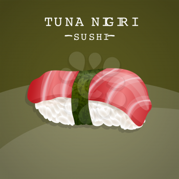 Tuna Nigiri Sushi. Realistic style sushi with rice, tuna fish and nori. Japanese cuisine poster. Vector illustration