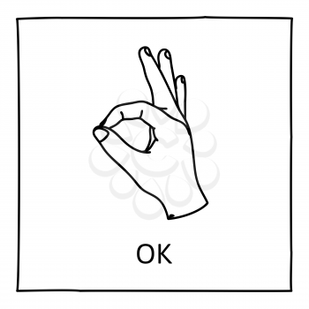Doodle OK icon. Hand drawn gesture symbol. Line art style graphic design element. Approval, vote, love, favorite gesture concept. Vector illustration
