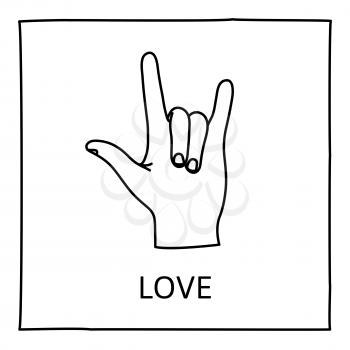 Doodle LOVE icon. Hand drawn gesture symbol. Line art style graphic design element. Sign language gesture. ILY concept. Vector illustration