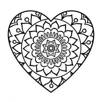 Doodle heart mandala coloring page. Outline floral design element in a heart shape. Coloring book pattern. Decorative round flower.Love, acceptance, positive energy concept. Vector illustration.