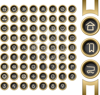 Golden buttons. Internet and media user interface icons set. Vintage typewriter style