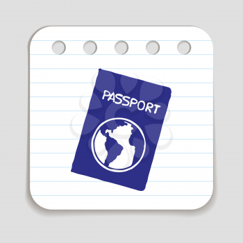 Doodle passport icon. Blue pen hand drawn infographic symbol on a notepaper piece. Line art style design element. International identification, tourism, travel, check in, passport control, vacation, c
