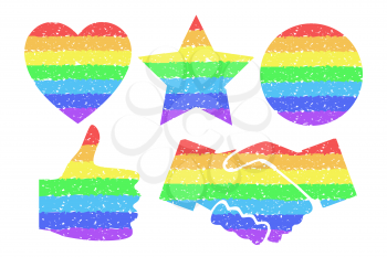 Rainbow design elements. Colorful circle, heart, star, thumbs up, shaking hands. Gay homosexual symbols Tolerance concept. Graphic element for documents, templates, posters. Vector illustration