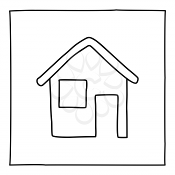 Doodle house icon. Black and white symbol with frame. Line art style graphic design element. Isolated on white background. Real estate, architecture, family home, modern city.