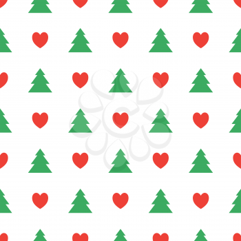 Christmas seamless pattern. Hearts and Christmas Trees. Tileable background for winter holidays. Graphic design element for packaging paper, prints, scrapbooking. Holiday themed design