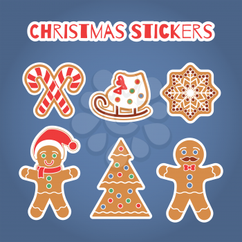 Christmas Gingerbread cookies stickers set. Traditional pastry with Snow flake, Christmas Tree, candy cane. Graphic design element for scrapbooking, stickers, badges. Holiday themed design