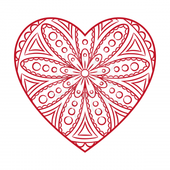 Doodle heart Valentine's Day card. Outline floral design element in a heart shape. Coloring book pattern. Decorative round flower. Love, wedding, engagement concept. Vector illustration.
