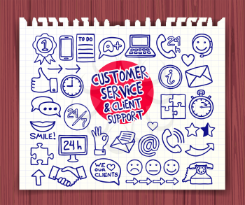 Doodle Customer Service icons set. Hand drawn doodle symbols collection. Graphic elements for web sites, corporate printables, educational posters, infogrpahics. Vector illustration.