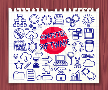 Computer Software set. Freehand doodle icons. Hand drawn doodle symbols collection. Graphic elements for web sites, corporate printables, educational posters, infogrpahics. Vector illustration