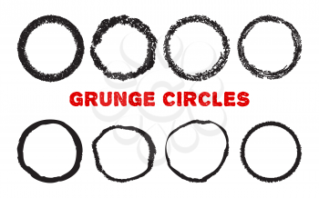 Set of hand drawn circles. Grunge textured frames. Abstract brush elements. Doodle shapes. Handdrawn with pastel crayons. Isolated on white. Vector illustration.