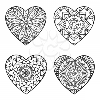 Doodle hearts set. Outline floral design elements in a heart shape. Coloring book pattern. Decorative hearts isolated on white. Love, acceptance, positive energy concept. Vector illustration.
