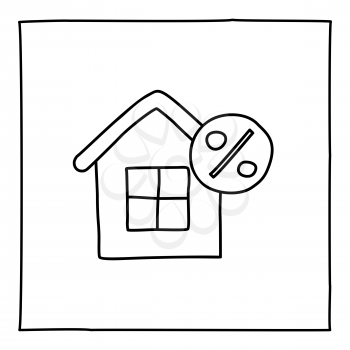 Doodle real estate house icon. Black white symbol with frame. Line art style graphic design element. Web button. Buying house, renting apartment, new home, moving concept. Vector illustration