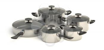 Stainless steel pots and pans on white background. Set of five cooking kitchenware with glass see through lids. 3D illustration.