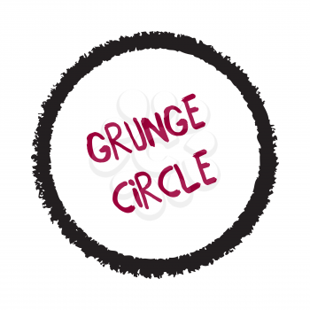 Grunge textured round frame. Hand drawn circle. Abstract button hand painted with pastel crayon. Ornamental doodle shape. Graphic design element isolated on white background. Vector illustration.