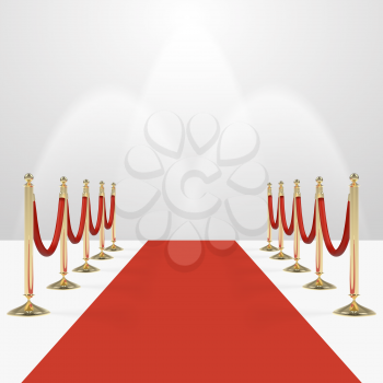 Red carpet with red ropes on golden stanchions. Exclusive event, movie premiere, gala, ceremony, awards concept. Blank template illustration with space for an object, person, , text.