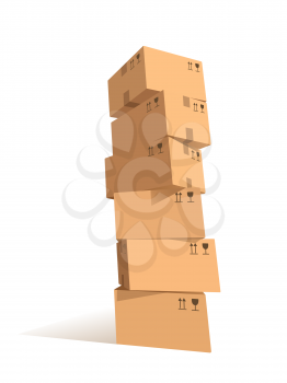 Cardboard boxes stacks. Stacked set of packages with symbols. Graphic design element for flyer, poster, mail service, worldwide service advertisement. Isolated on white background. Vector illustration