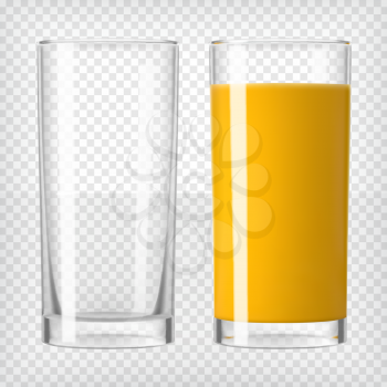 Orange juice and an empty glass. Fruit organic drink. Healthy diet. Clean eating. Tall glass with beverage. Transparent photo realistic vector illustration.