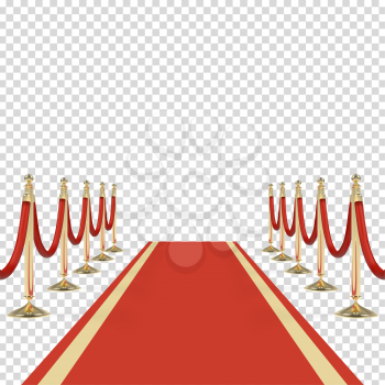 Red carpet with red ropes on golden stanchions. Exclusive event, movie premiere, gala, ceremony, awards concept. Blank template illustration with space for an object, person, logo, text.