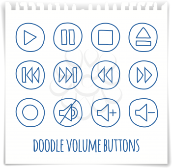 Doodle volume buttons set, pen drawn effect, vector illustration. Graphic design element for web, mobile app, players, prints.