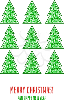 Merry Christmas and Happy New Year greeting card. Decorative invitation, flyer, poster template with text. Christmas tree with bubbles, snow flakes. Holiday themed graphic design. Vector illustration