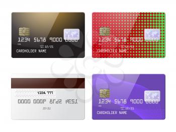 Highly detailed realistic glossy credit cards mock up set. Front and back side mock ups with pattern backgrounds in 3 variations. Graphic design element for corporate identity. Vector illustration