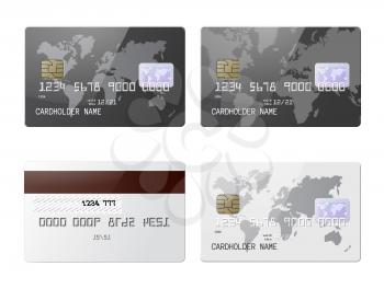 Highly detailed realistic glossy credit cards set. Front and back side mock up set. World map pattern background in 3 variations. Graphic design element for corporate identity. Vector illustration