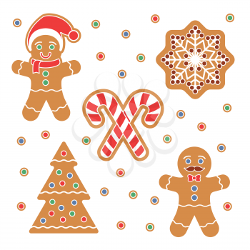 Christmas Gingerbread cookie sticker set. Traditional colorful cookies with Snow flake, Christmas Tree, candy cane isolated on white. Holiday graphic design elements for scrapbooking, stickers, badges