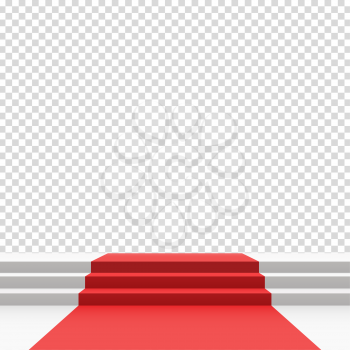 Red carpet on stairs. Empty white illuminated podium. Blank template illustration with space for an object, person, logo, text. Presentation, gala, ceremony, awards concept.