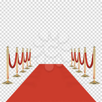 Red carpet with red ropes on golden stanchions. Exclusive event, movie premiere, gala, ceremony, awards concept. Blank template illustration with space for an object, person, logo, text.
